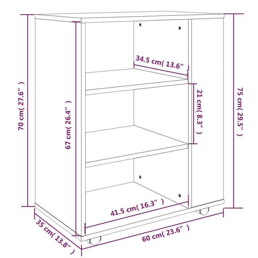 Kast Verrijdbaar 60X35X75 Cm Bewerkt Hout Kleurig Gerookt eiken