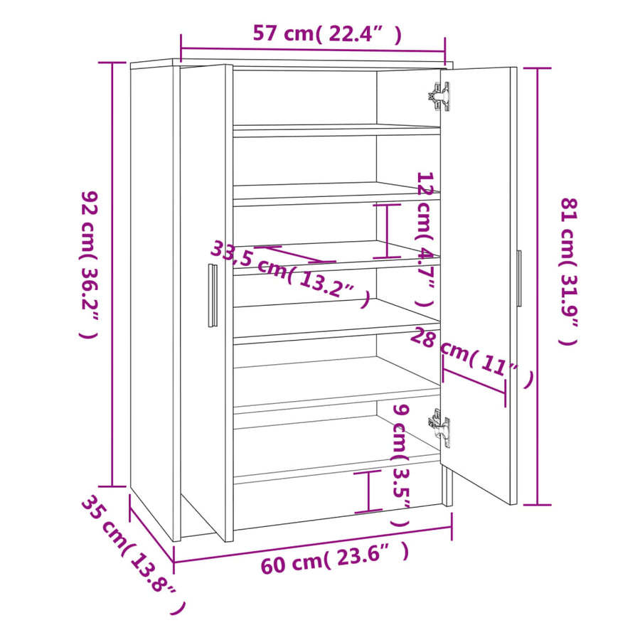 Schoenenkast 60X35X92 Cm Bewerkt Hout Eikenkleurig Grijs sonoma