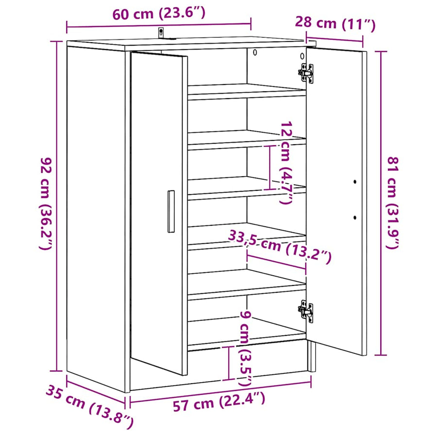 Schoenenkast 60x35x92 cm bewerkt hout bruin eikenkleur