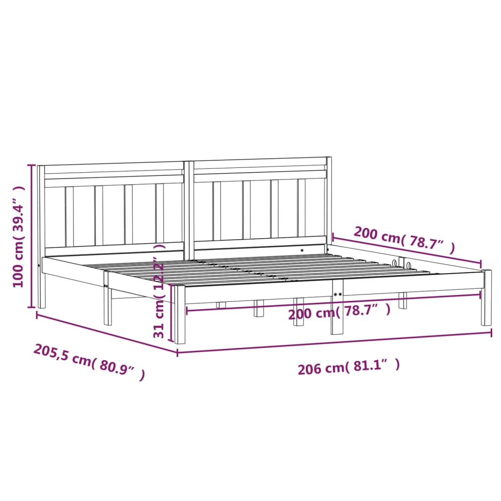 Bedframe Massief Grenenhout 200 x 200 cm Zwart