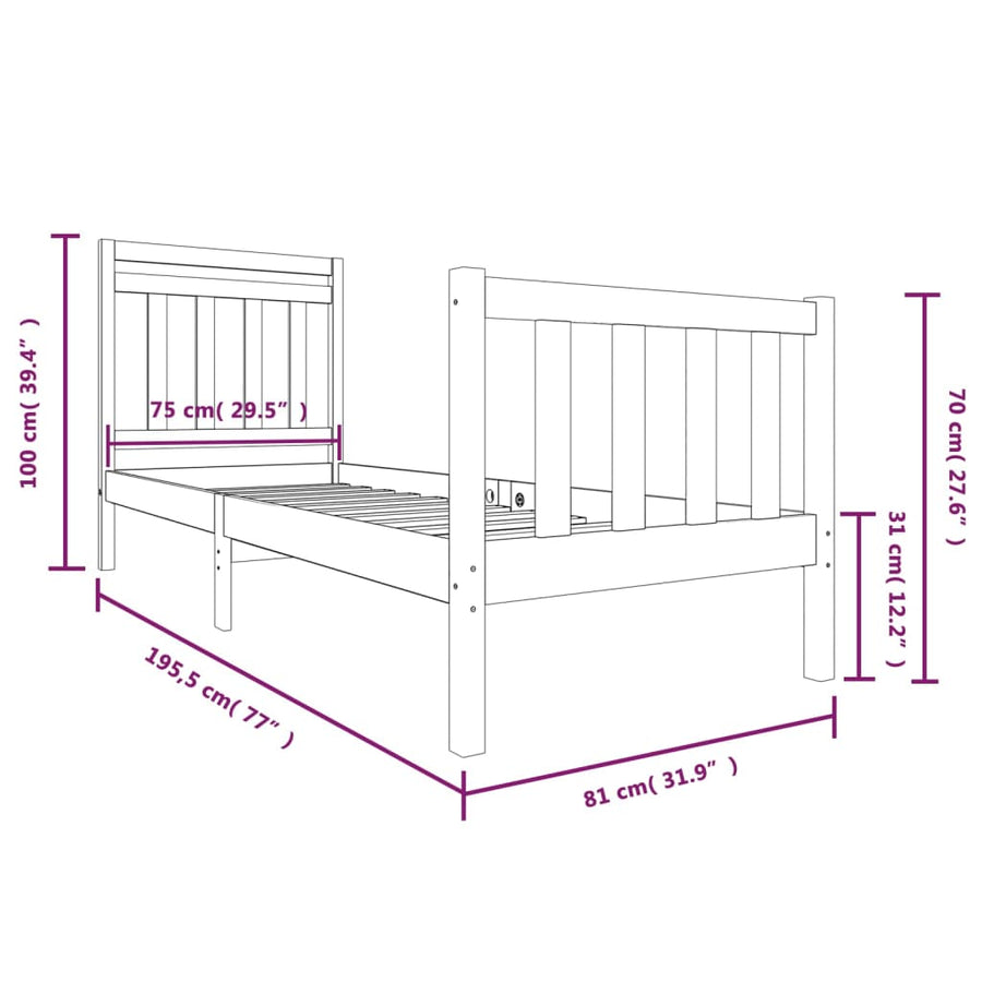 Bedframe massief hout zwart 75x190 cm 2FT6 Small Single 75 x 190 cm Zwart
