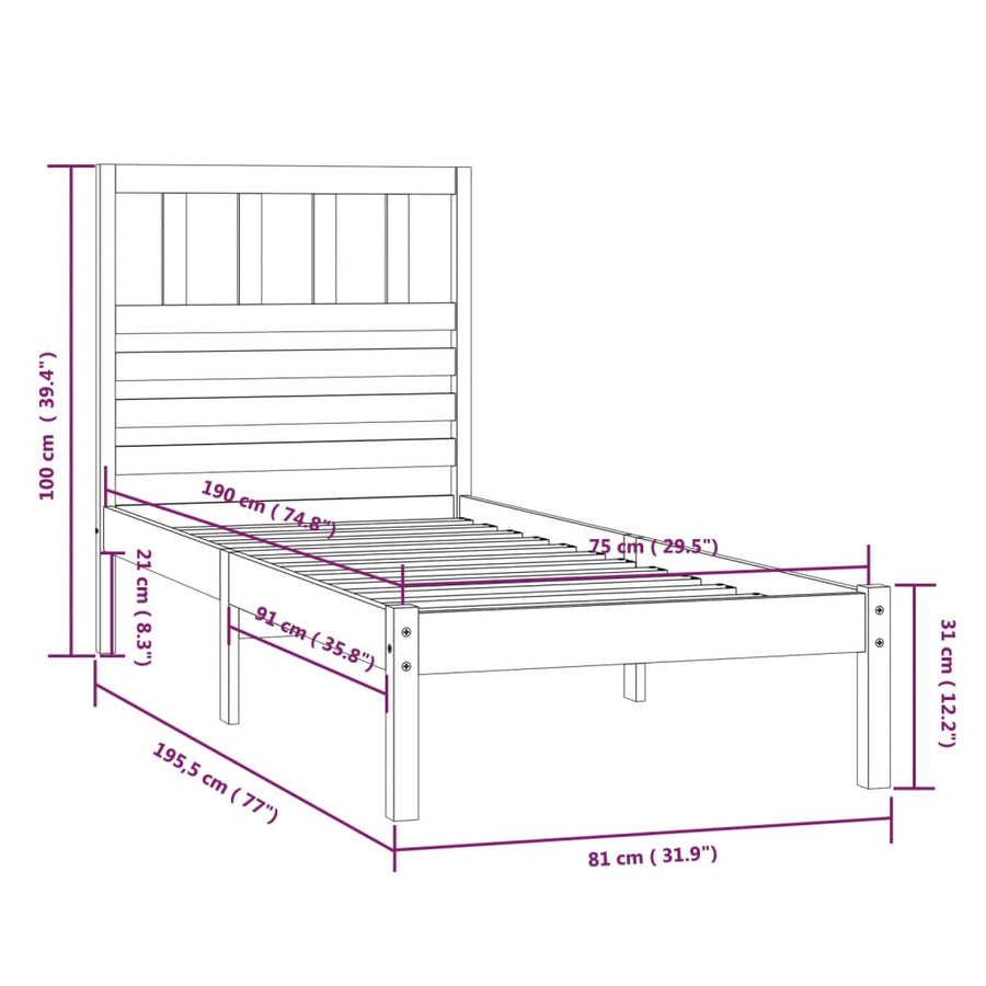 Bedframe Massief Grenenhout Small Single 75 x 190 cm Wit