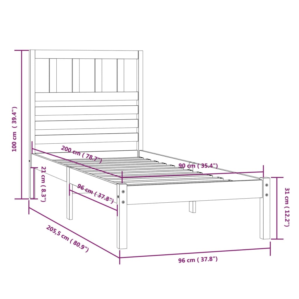 Bedframe Massief Grenenhout 90 x 200 cm Naturel