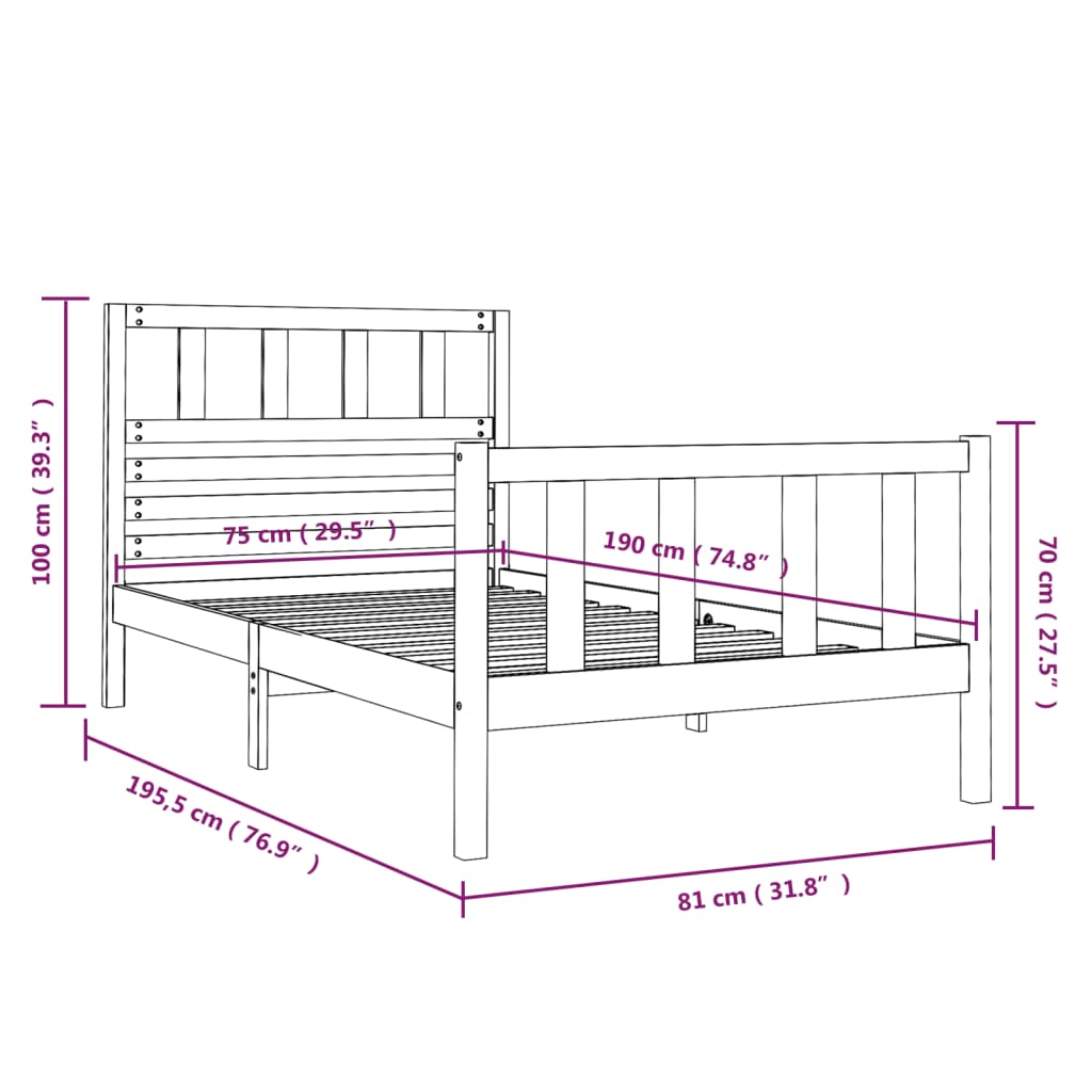 Bedframe massief hout zwart 75x190 cm 2FT6 small single 75 x 190 cm Zwart
