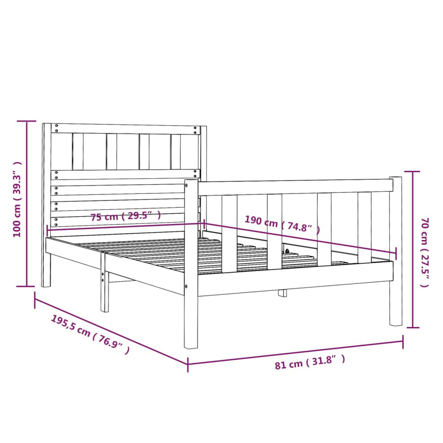 Bedframe massief hout zwart 75x190 cm 2FT6 small single 75 x 190 cm Zwart