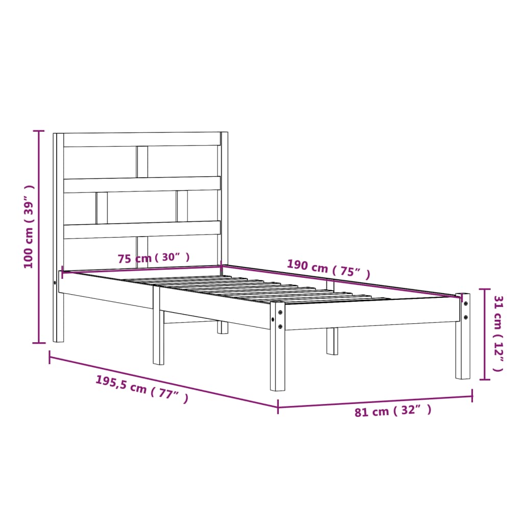 Bedframe Massief Hout 2Ft6 Small Single 75 x 190 cm Naturel