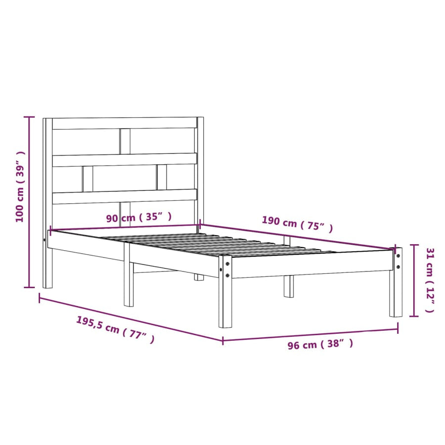 Bedframe Massief Hout 3Ft Single 90 x 190 cm Wit