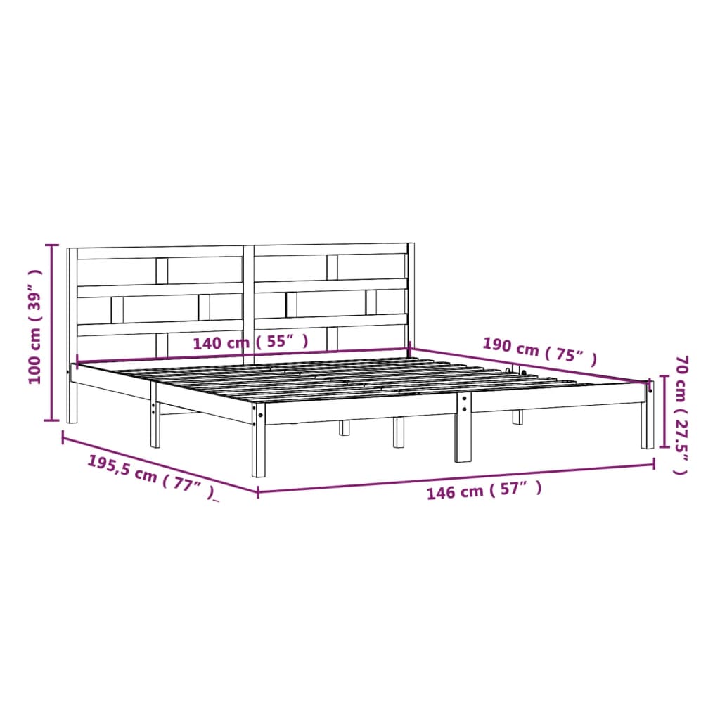 Bedframe Massief Grenenhout 140 x 190 cm Zwart