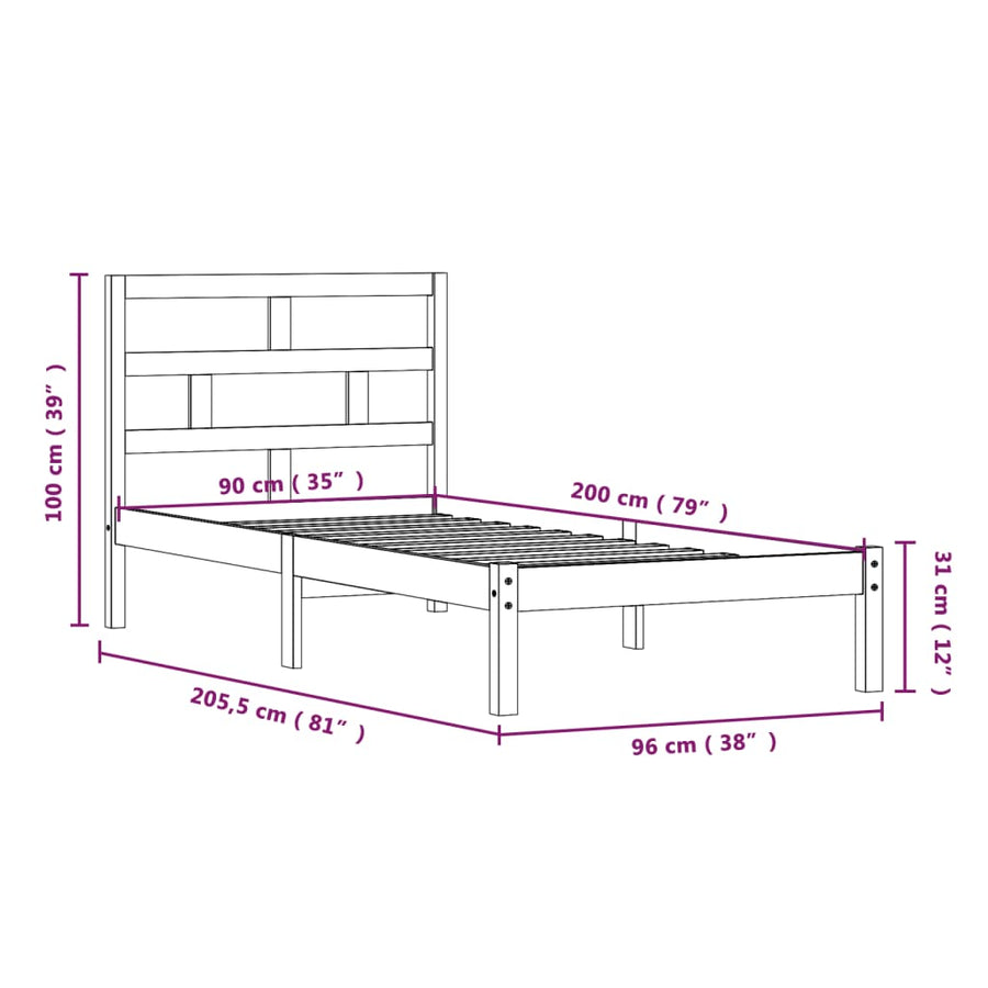 Bedframe Massief Grenenhout 90 x 200 cm Wit