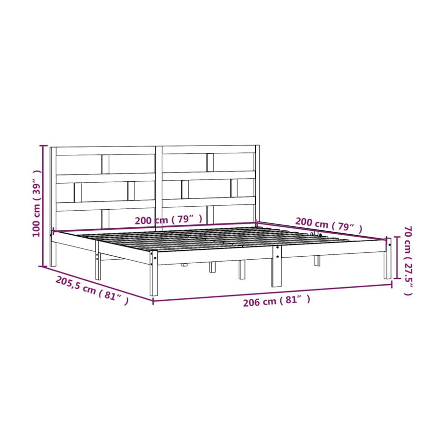 Bedframe Massief Grenenhout 200 x 200 cm Zwart