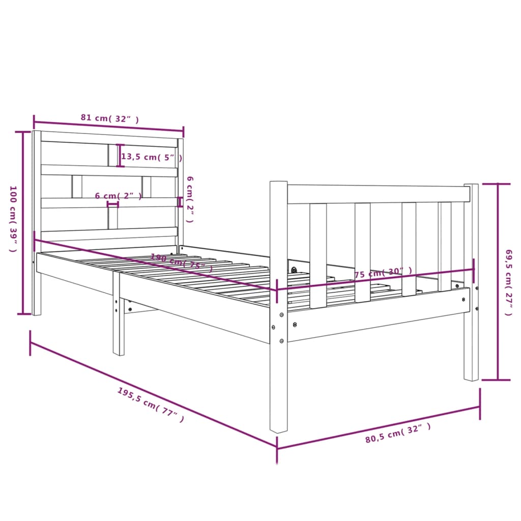 Bedframe Massief Grenenhout 2Ft6 Small Single 75 x 190 cm Zwart