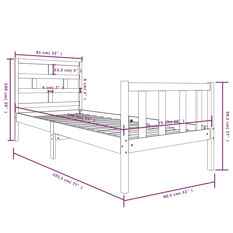 Bedframe Massief Grenenhout 2Ft6 Small Single 75 x 190 cm Zwart