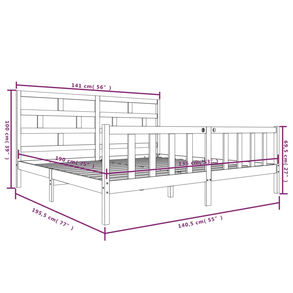 Bedframe Massief Grenenhout 4Ft6 Double 135 x 190 cm Zwart