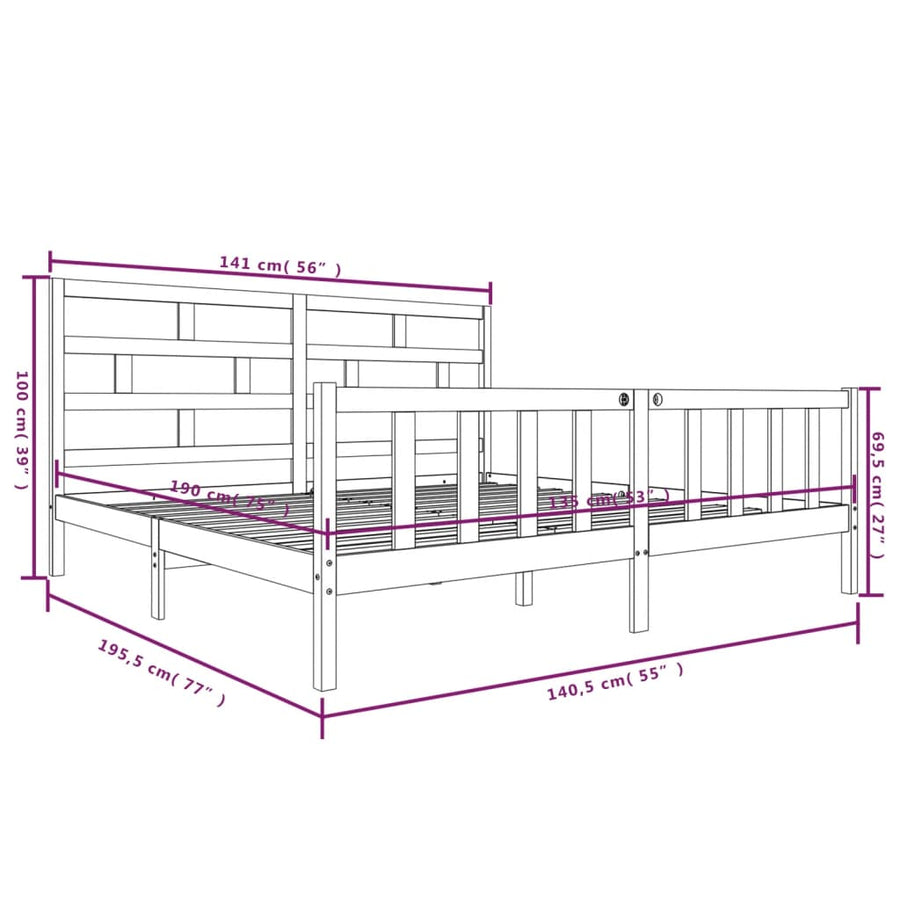 Bedframe Massief Grenenhout 4Ft6 Double 135 x 190 cm Zwart