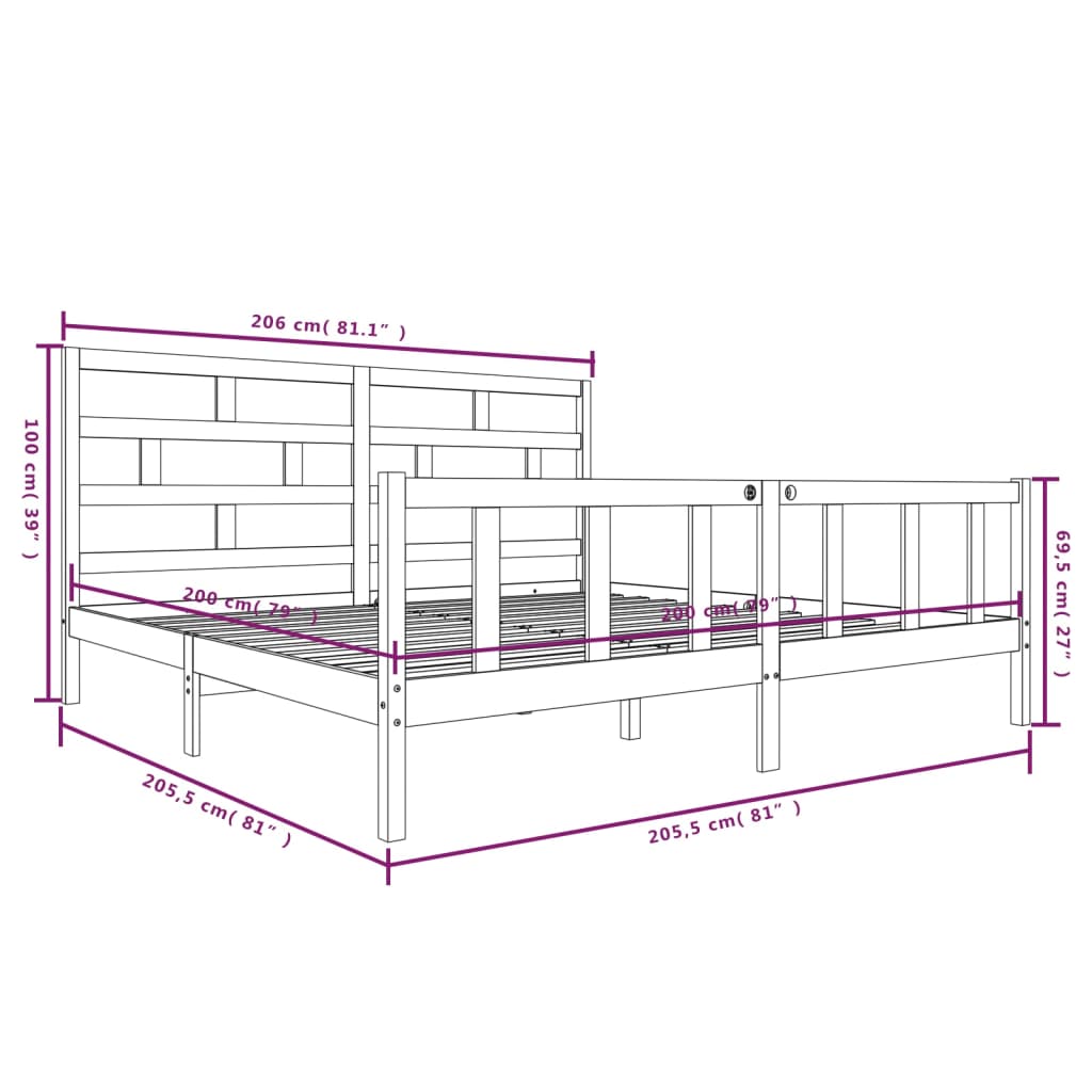 Bedframe Massief Grenenhout 200 x 200 cm Zwart