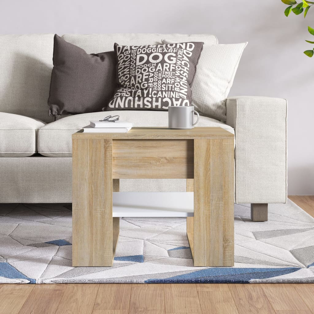 Salontafel 55,5X55X45Cm Bewerkt Hout Ig Wit en sonoma eikenkleur