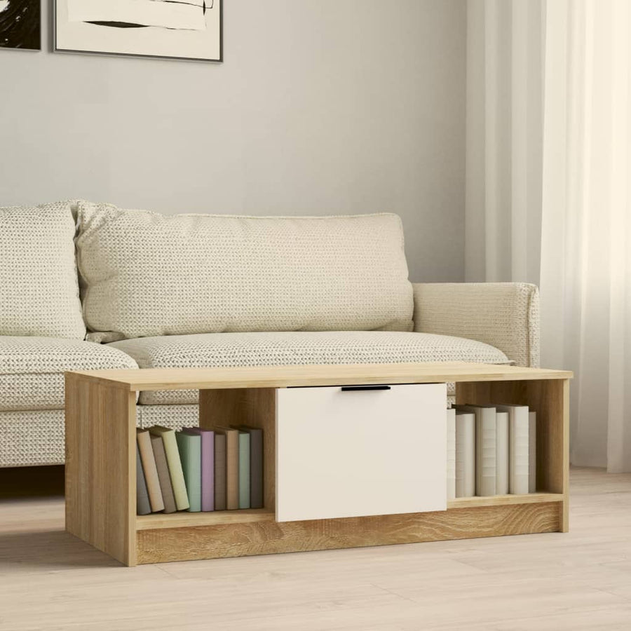 Salontafel 102X50X36 Cm Bewerkt Hout Wit En Sonoma Eikenkleurig