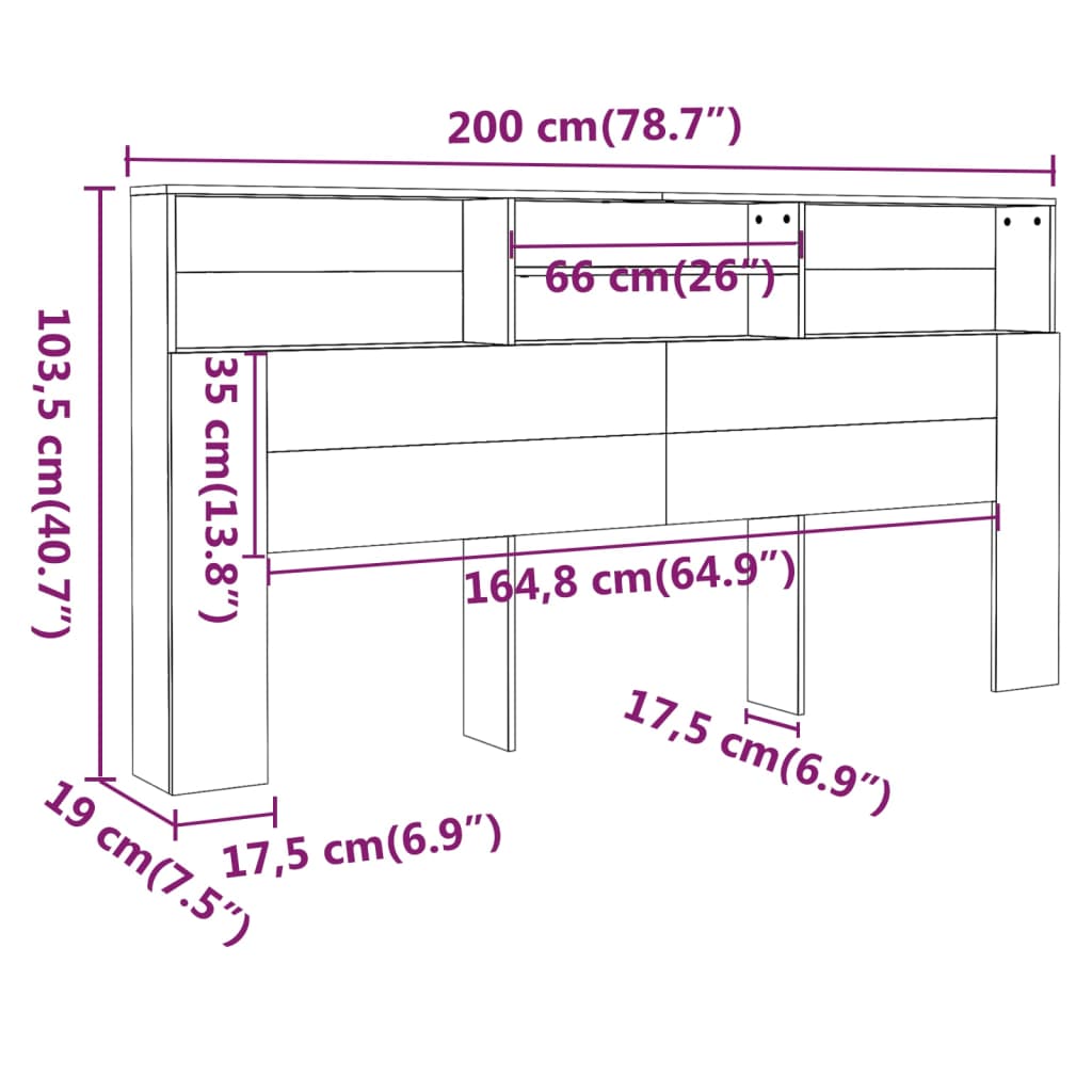 Hoofdbordkast 200X9X03,5 Cm Eikenkleurig Grijs sonoma