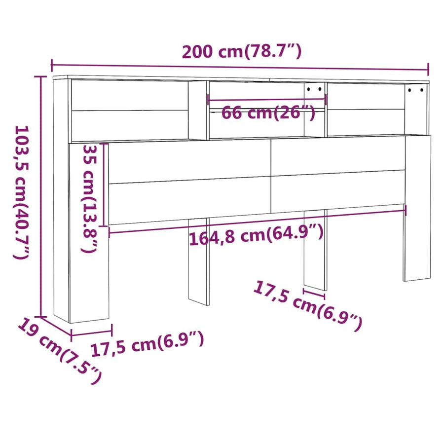 Hoofdbordkast 200X9X03,5 Cm Eikenkleurig Grijs sonoma