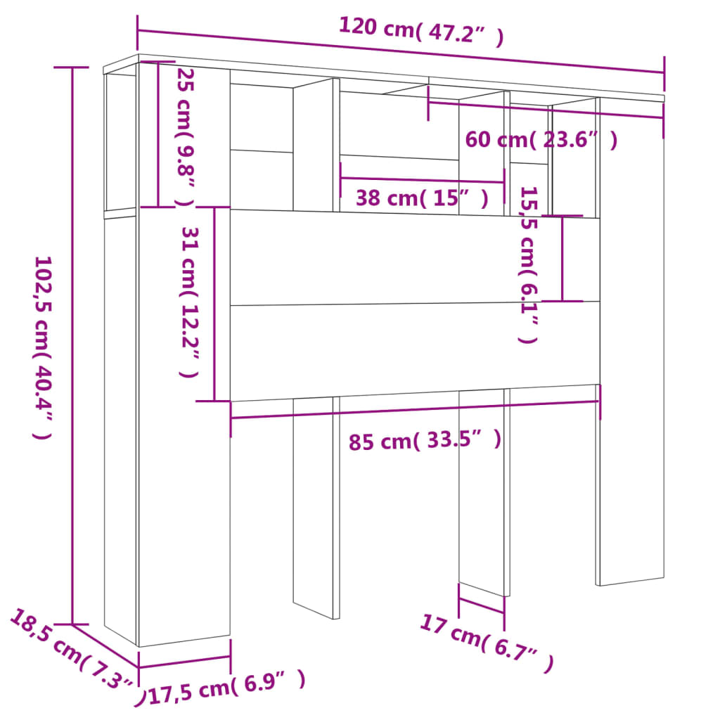 Hoofdbordkast 120x18,5x102,5 cm grijs sonoma eikenkleurig Grijs sonoma