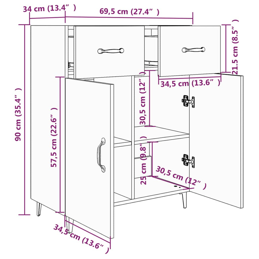 Dressoir 69,5X34X90 Cm Bewerkt Hout Betongrijs