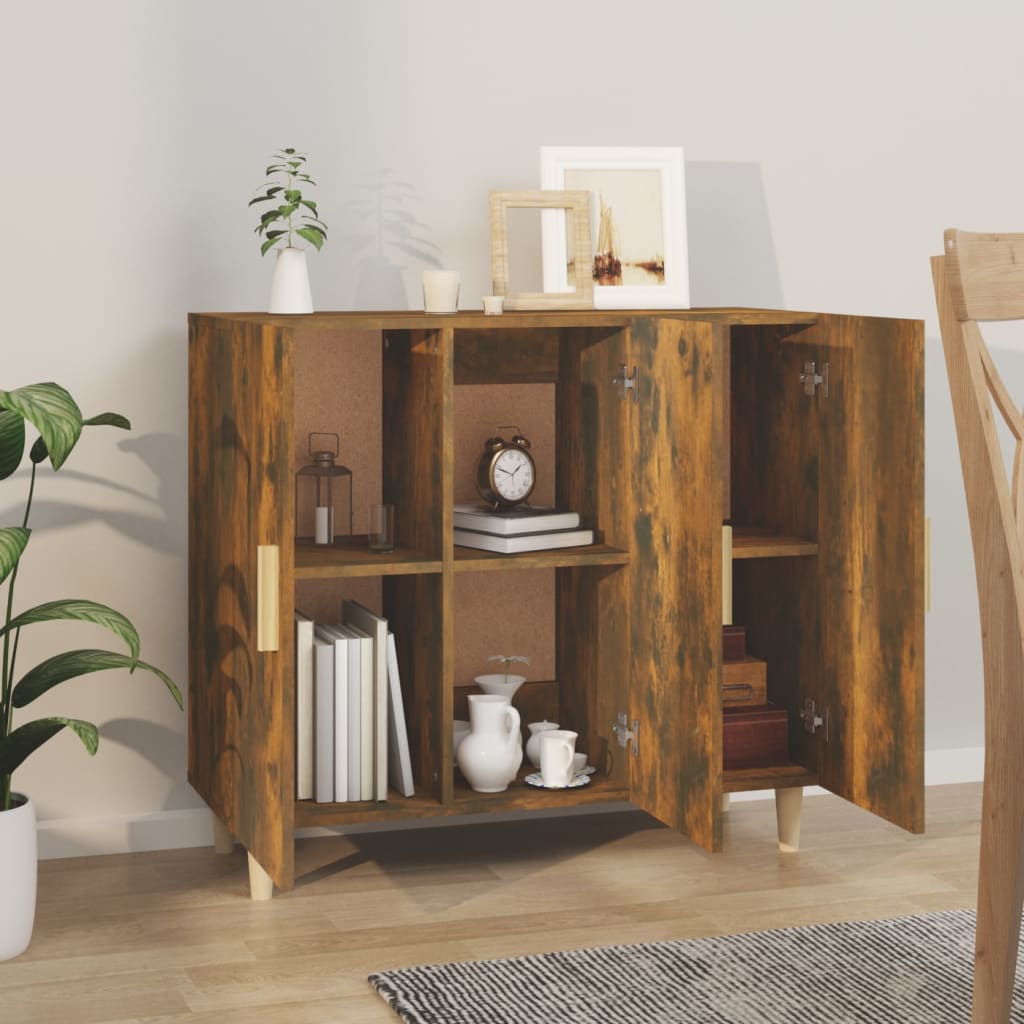 Dressoir 90X34X80 Cm Bewerkt Hout Gerookt Eikenkleurig
