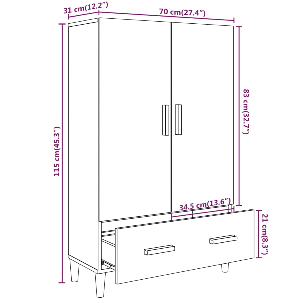 Hoge Kast 70X31X115 Cm Bewerkt Hout Gerookt Eikenkleurig
