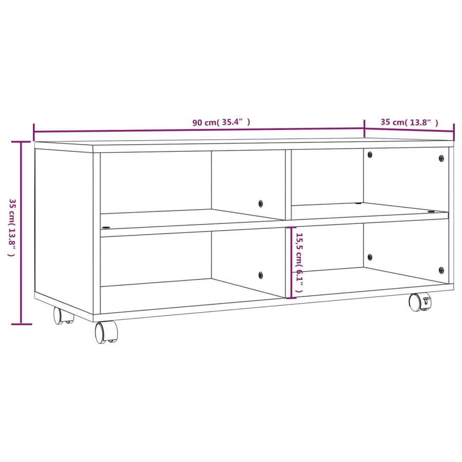 Tv-meubel met wieltjes 90x35x35 cm bewerkt hout grijs sonoma