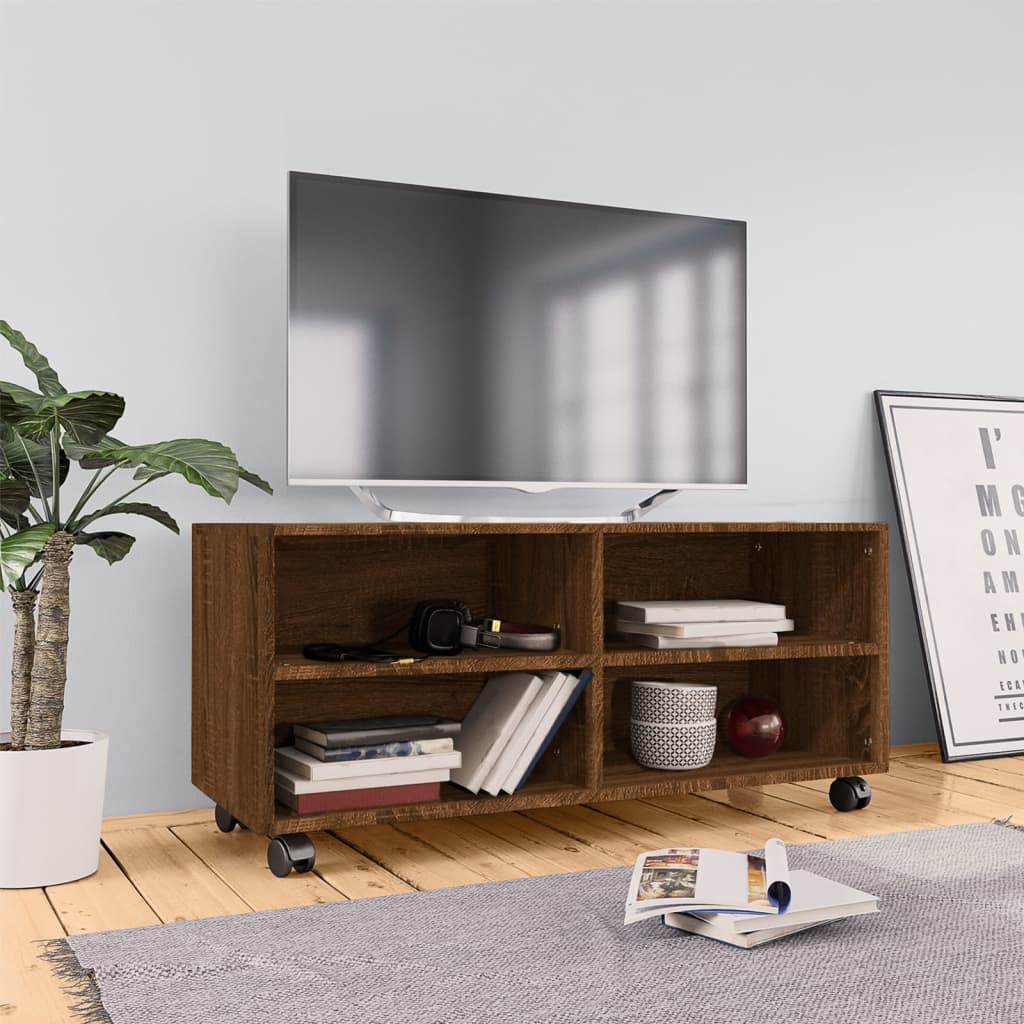 Tv-meubel met wieltjes 90x35x35 cm bewerkt hout bruin eikenkleur Bruineiken