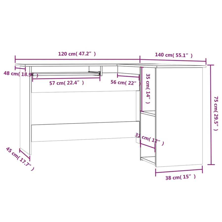 Hoekbureau 120X140X75 Cm Bewerkt Hout Eikenkleurig Grijs sonoma
