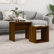 2-Piece Side Table Set Carved Wood Brown Oak Color