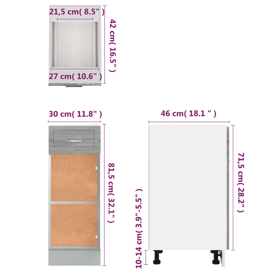 Onderkast Met Lade 30X46X81,5 Cm Bewerkt Hout Grijs Sonoma Grijs Sonoma Onderkast met lade 30 cm