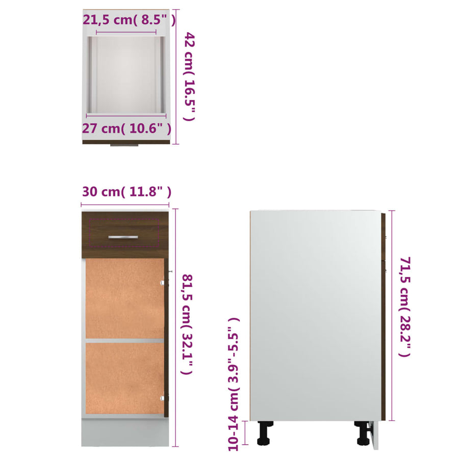 Onderkast Met Lade 30X46X81,5 Cm Bewerkt Hout Bruin Eikenkleur Bruineiken Onderkast met lade 30 cm