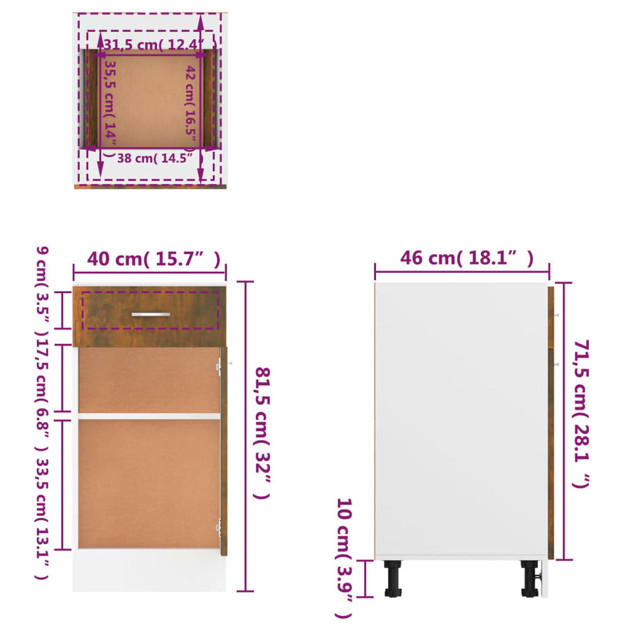 Onderkast met lade 40x46x81,5 cm bewerkt hout gerookt eiken Gerookt eiken