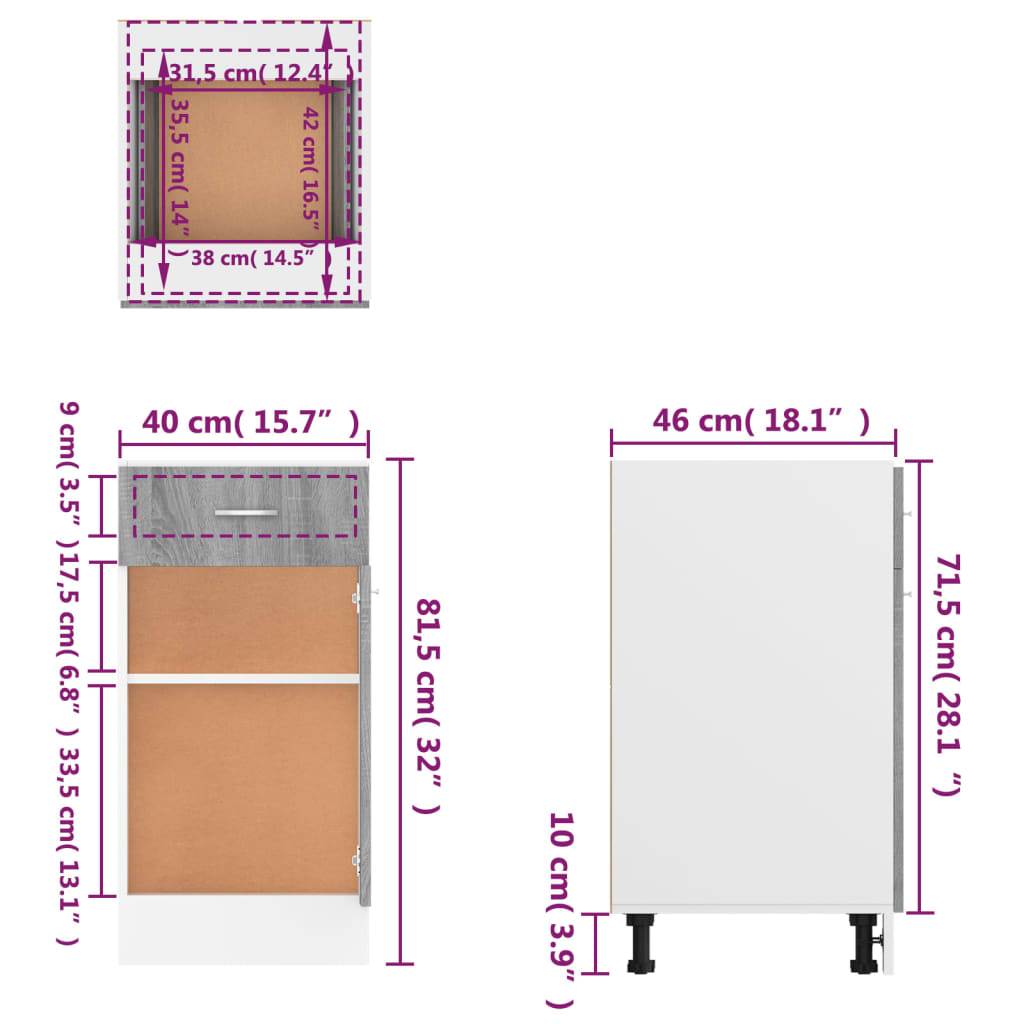 Onderkast Met Lade 40X46X8,5 Cm Bewerkt Hout Grijs Sonoma Onderkast met lade 40 cm