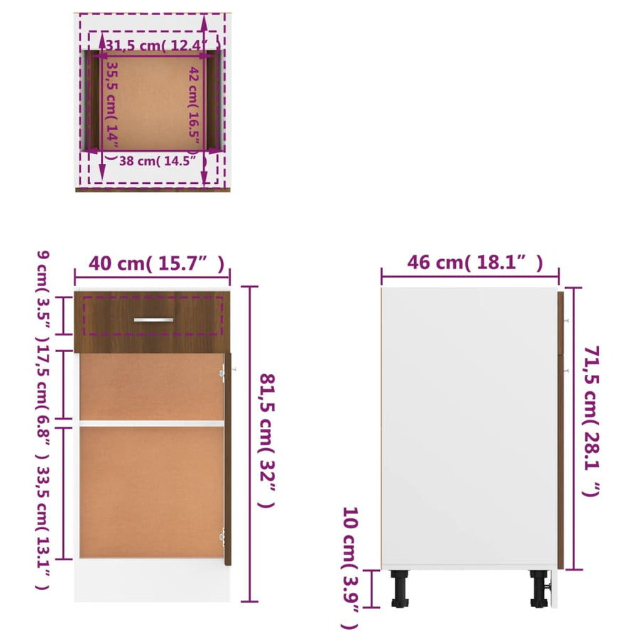 Onderkast Met Lade 40X46X8,5 Cm Bewerkt Hout Bruin Eikenkleur Bruineiken Onderkast met lade 40 cm