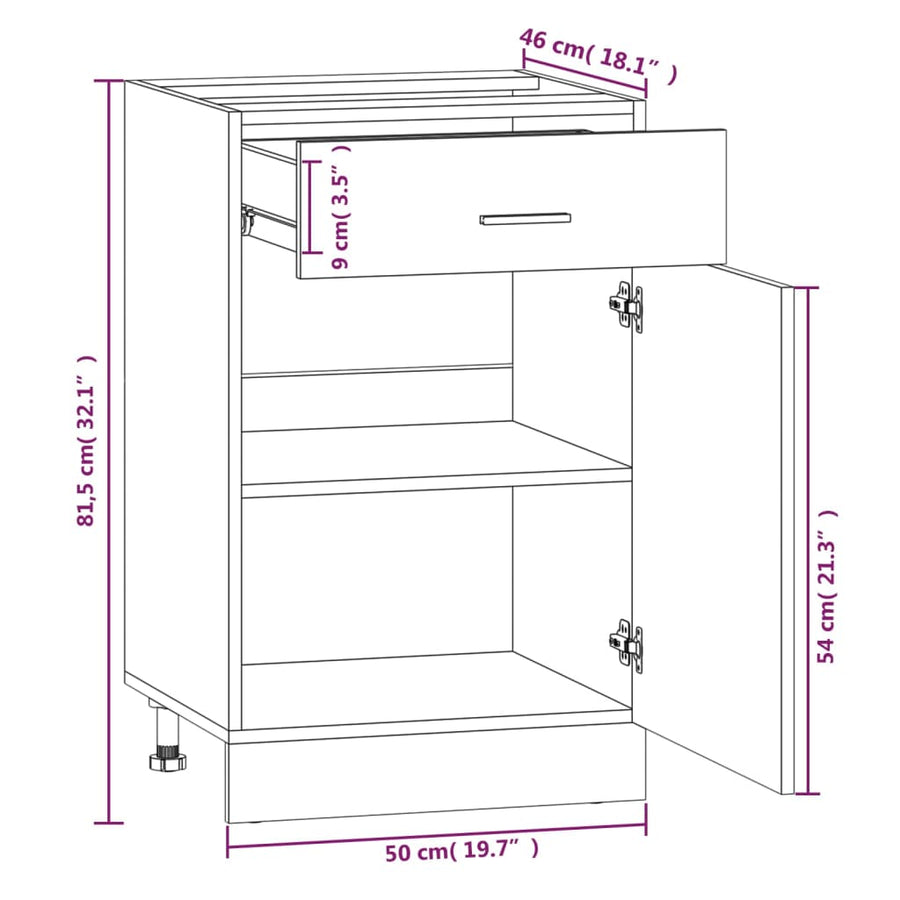 Onderkast met lade 50x46x81,5 cm bewerkt hout gerookt eiken Gerookt eiken