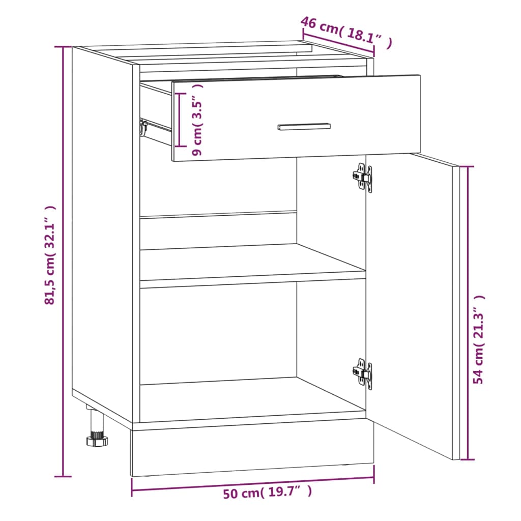 Onderkast met lade 50x46x81,5 cm bewerkt hout grijs sonoma Onderkast met lade 50 cm