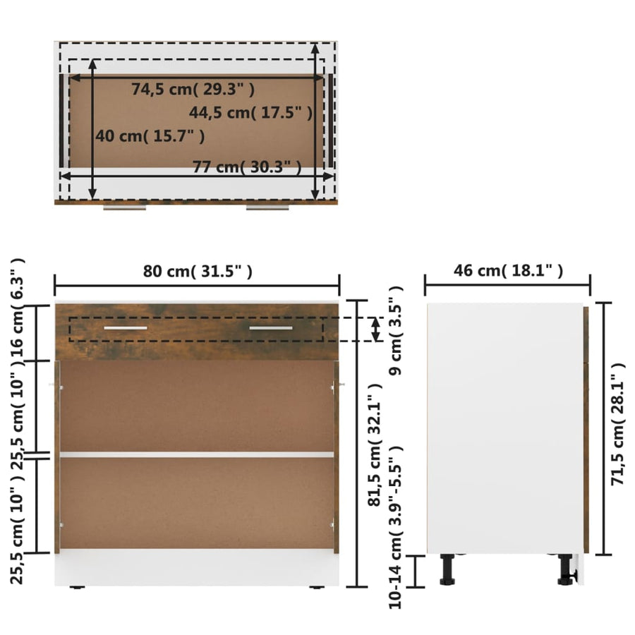 Onderkast met lade 80x46x81,5 cm bewerkt hout gerookt eiken Gerookt eiken