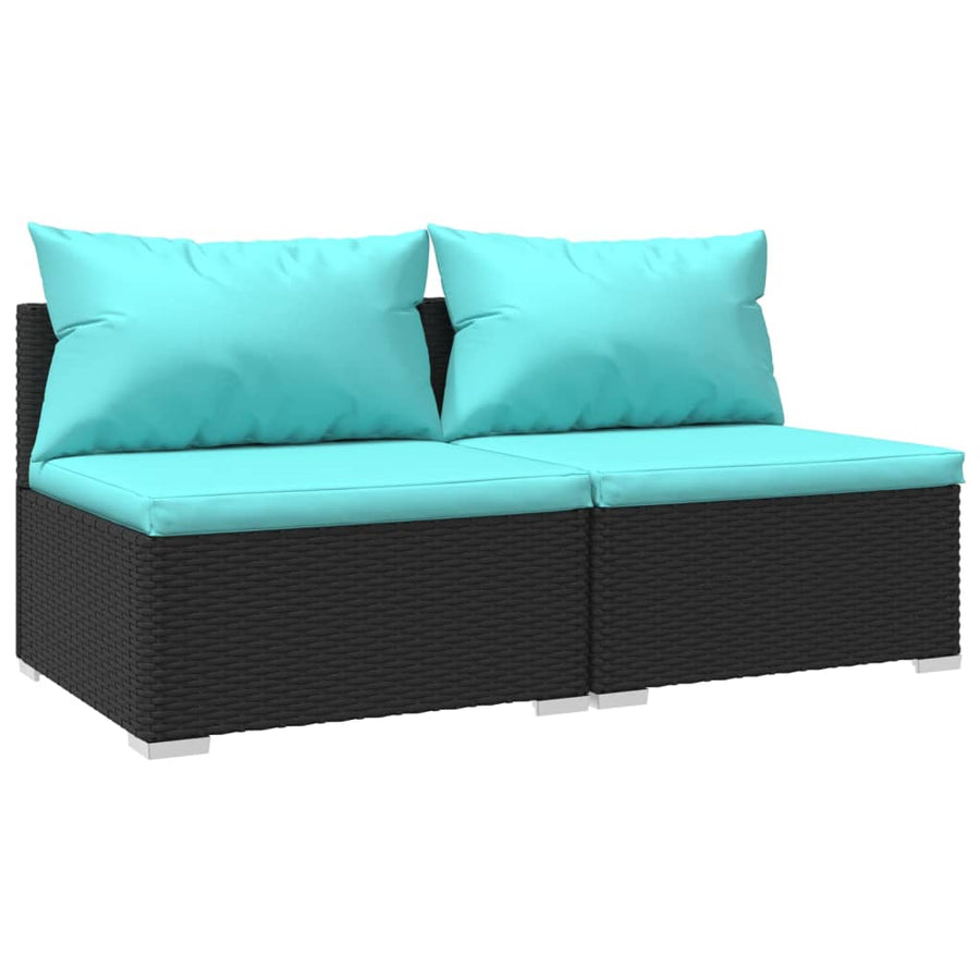 2-Delige Loungeset Met Kussens Poly Rattan 1 Zwart en blauw Middenbank (2 st)