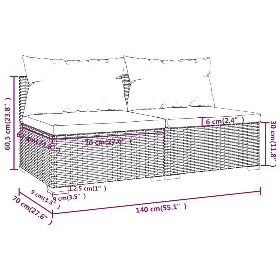 2-Delige Loungeset Met Kussens Poly Rattan 1 Zwart en blauw Middenbank (2 st)