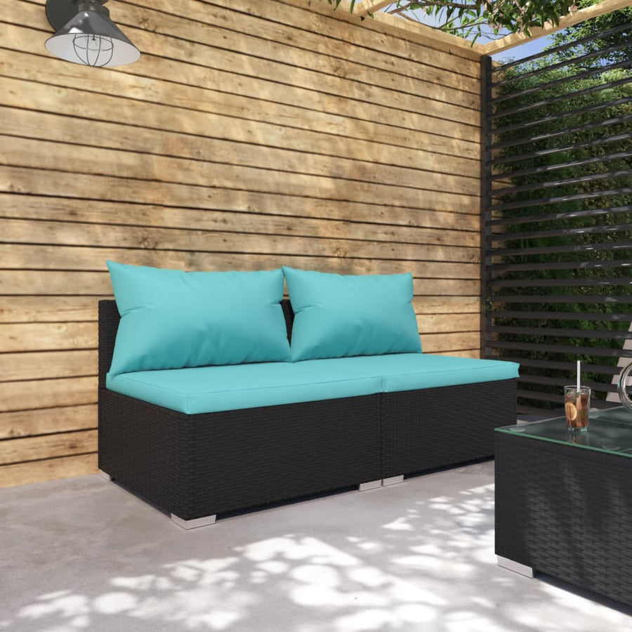 2-Delige Loungeset Met Kussens Poly Rattan 1 Zwart en blauw Middenbank (2 st)