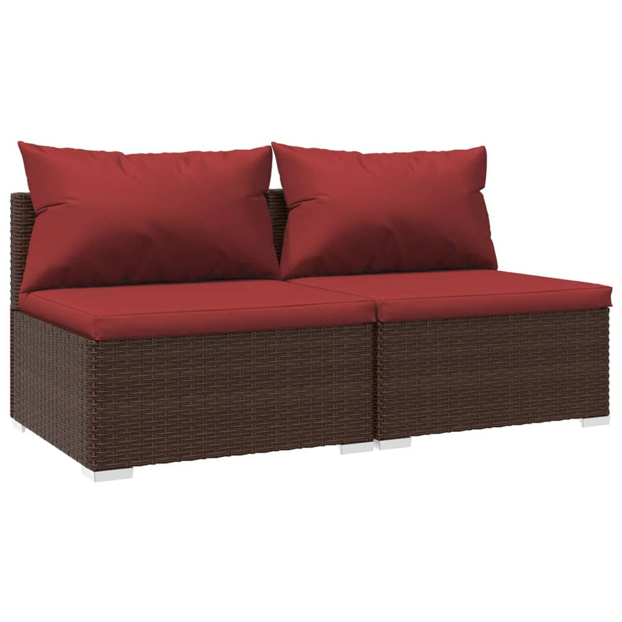 2-Delige Loungeset Met Kussens Poly Rattan 1 Bruin en rood Middenbank (2 st)