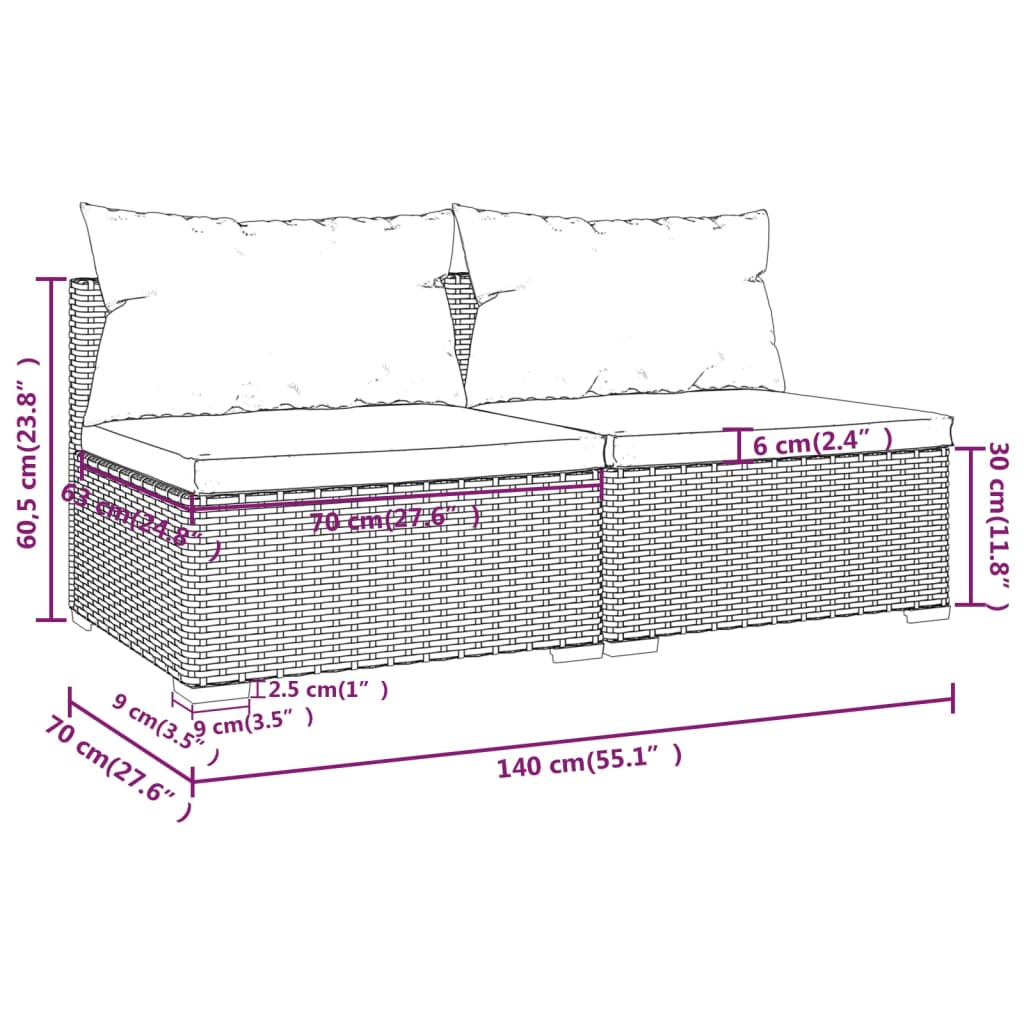 2-Delige Loungeset Met Kussens Poly Rattan 1 Bruin en rood Middenbank (2 st)