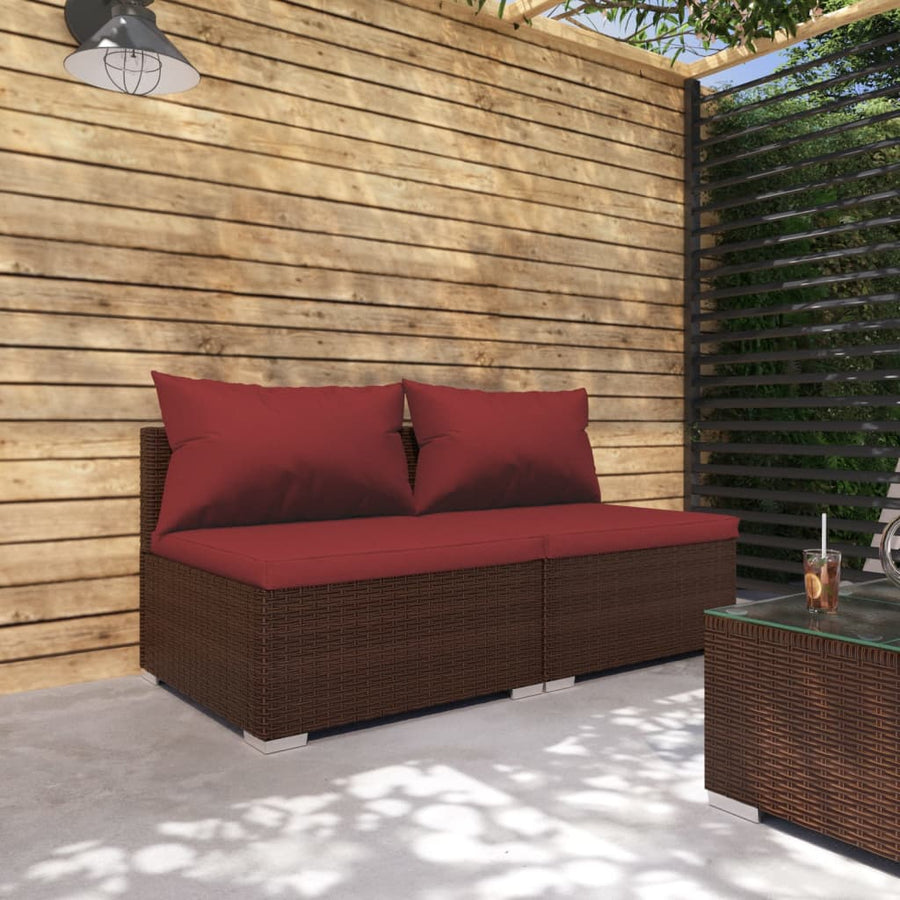 2-Delige Loungeset Met Kussens Poly Rattan 1 Bruin en rood Middenbank (2 st)