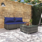 3-Delige Loungeset Met Kussens Poly Rattan 1 Grijs en donkerblauw 2x midden + Tafel