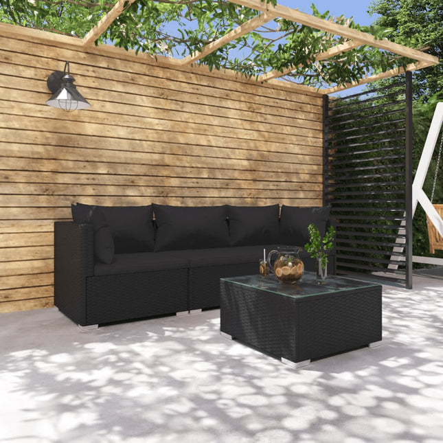 4-Delige Loungeset Met Kussens Poly Rattan 1 Zwart 2x hoek + midden + Tafel