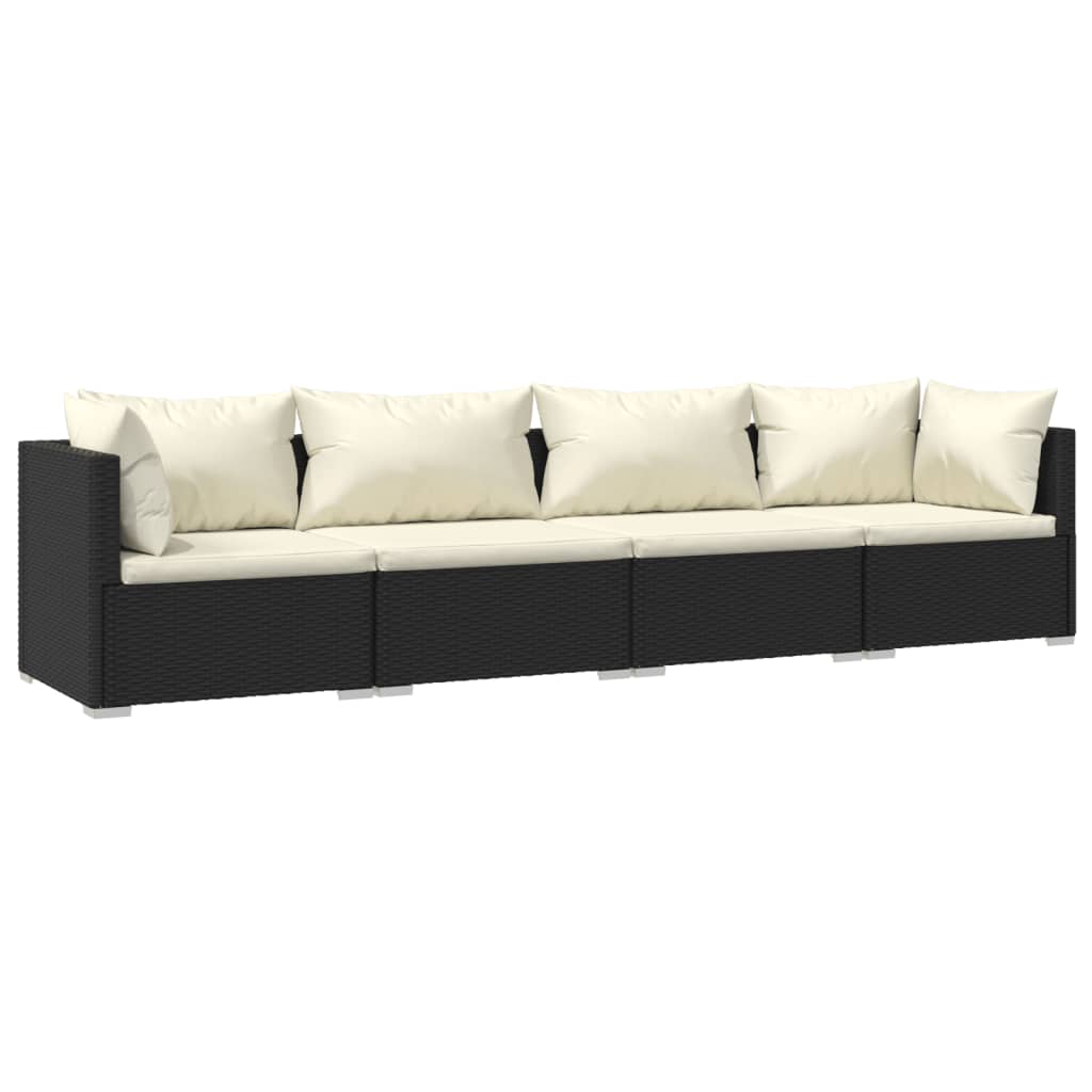 4-Delige Loungeset Met Kussens Poly Rattan 1 Zwart en crème 2x hoek + 2x midden
