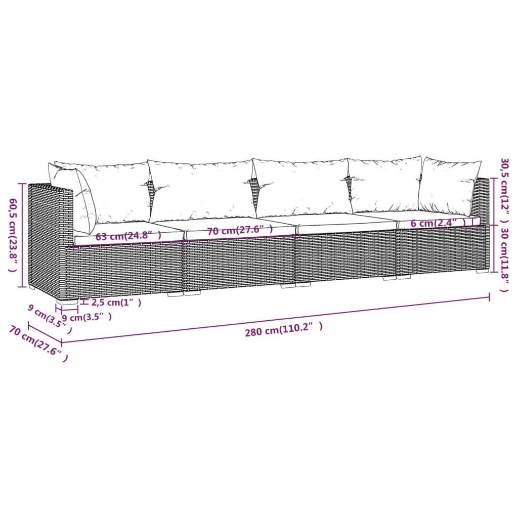 4-Delige Loungeset Met Kussens Poly Rattan 1 Zwart en crème 2x hoek + 2x midden