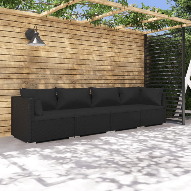 4-Delige Loungeset Met Kussens Poly Rattan 1 Zwart 2x hoek + 2x midden